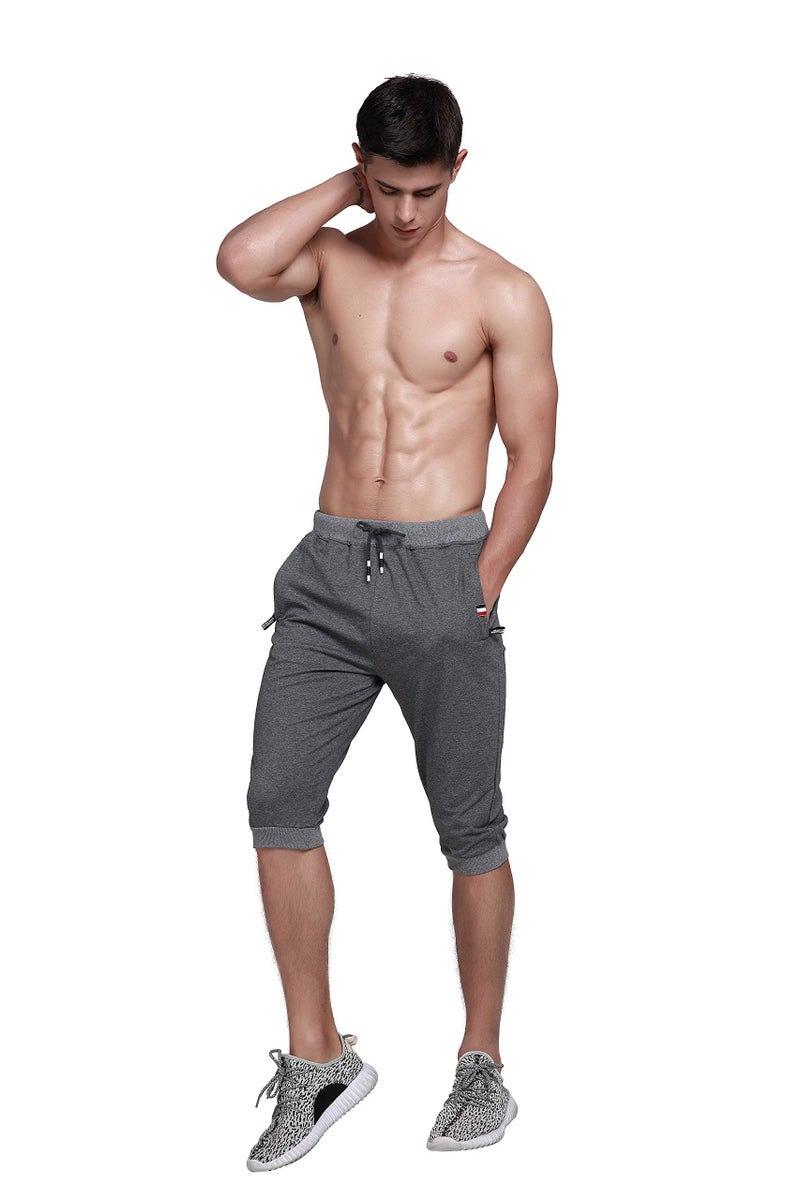 YSENTO Men's Cotton Casual 3/4 Jogger Running Capri Pants Below Knee Gym Workout Shorts Zipper Pockets Dark Grey 34 - Image 4